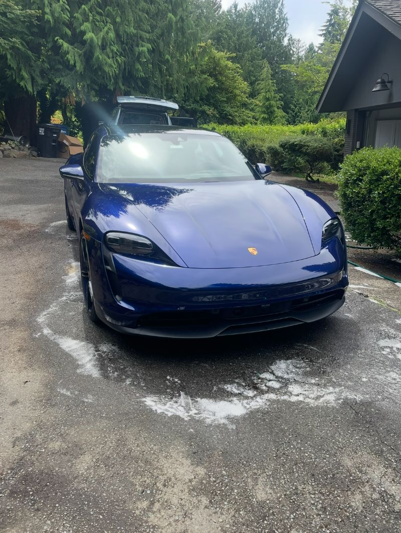 Blue Porsche Taycan after exterior detail