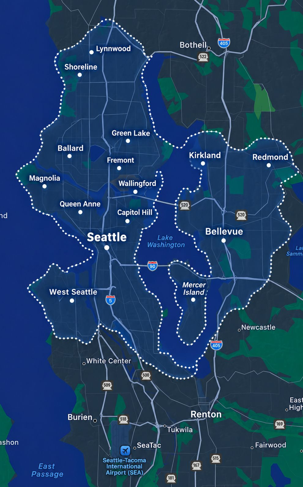 Map of the Denhez Details mobile service area around Seattle